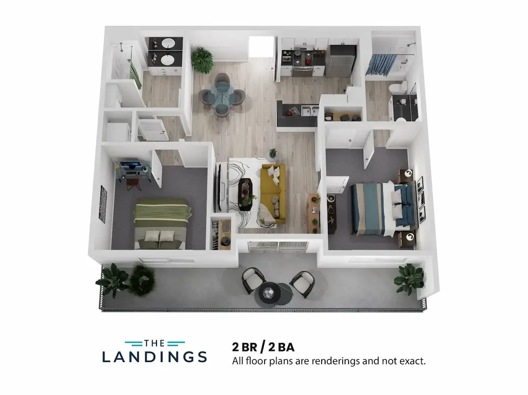 3D floor plan  a 2 bed, 2 bath apartment