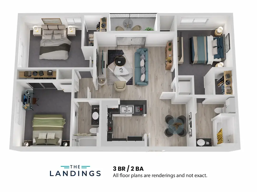 3D floor plan  a 3 bed, 2 bath apartment